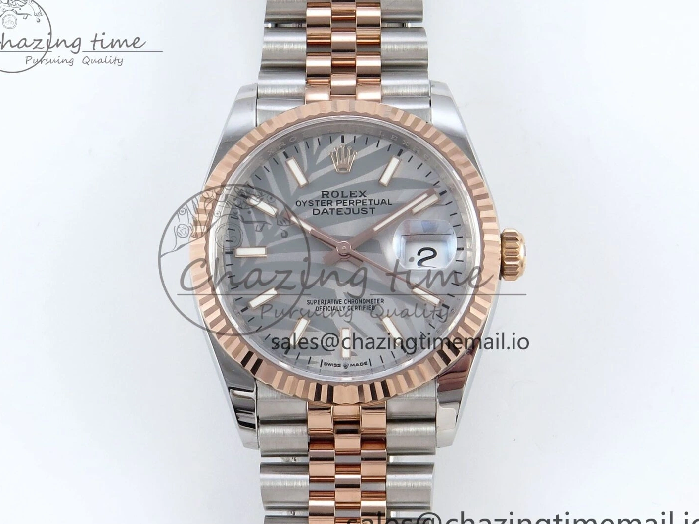 MiroTime 0408 DateJust 36 126231 EWEF Best Edition Silver Leaf Dial Stick Marker on SS RG Jubilee Bracelet A TopPick 596